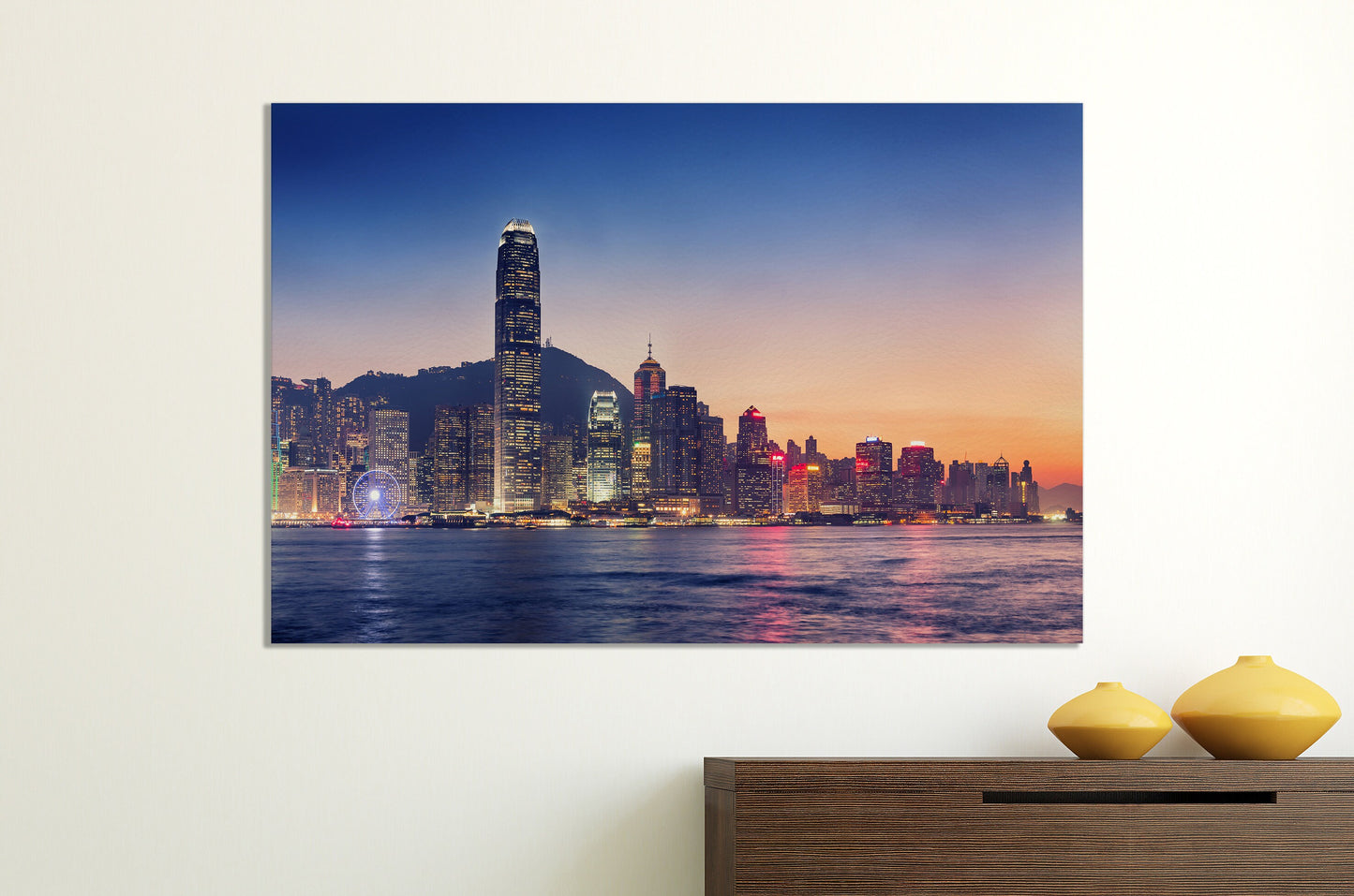 Hong Kong Island Downtown Skyline at Sunset Framed Canvas Leather Print