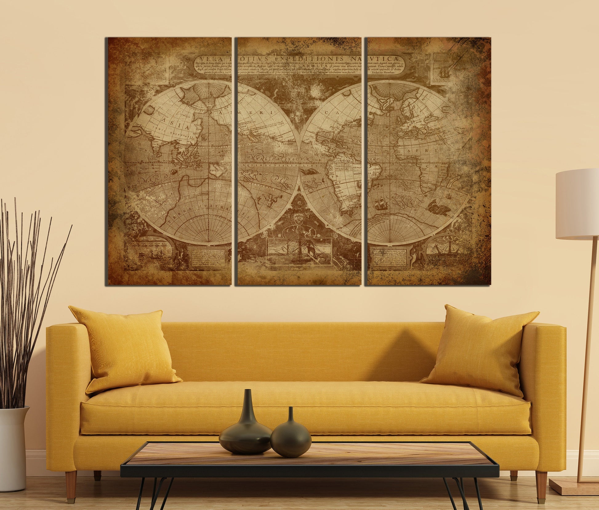 Vintage Old World Map in Hemispheres Canvas Leather Print