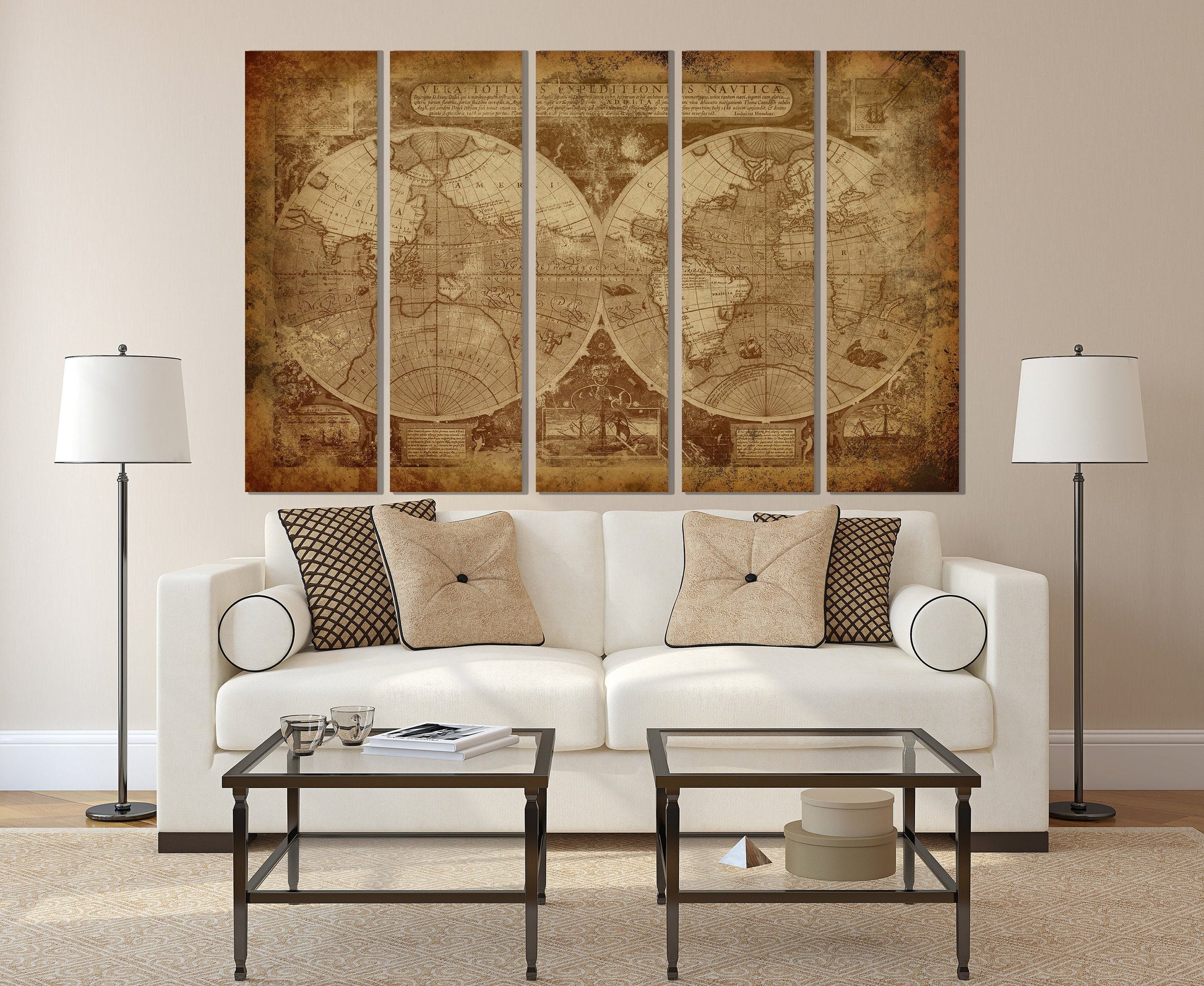 Vintage Old World Map in Hemispheres Canvas Leather Print