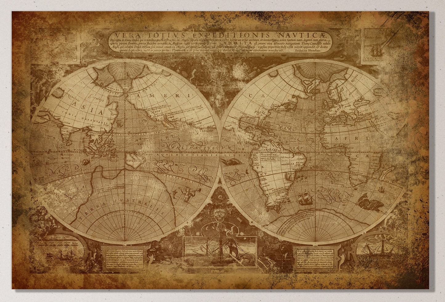 Vintage Old World Map in Hemispheres Canvas Leather Print