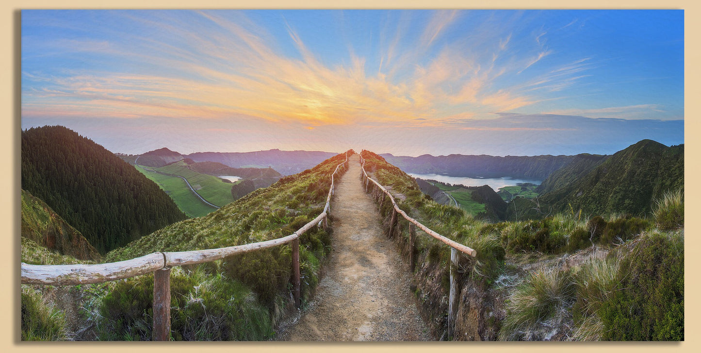 Sao Miguel Island Sunrise, Ponta Delgada, Azores, Portugal Framed Canvas Leather Print