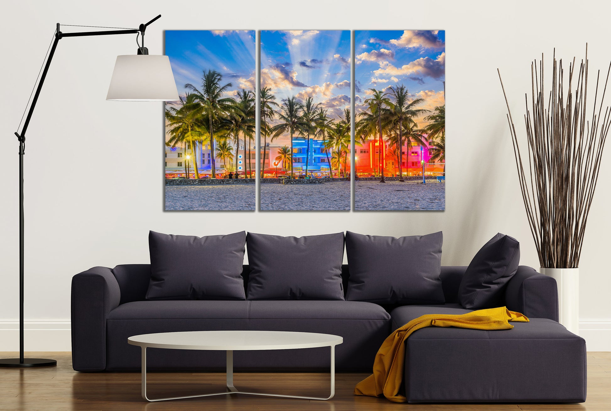 South Beach Miami Sunset in Ocean Drive Canvas Eco Leather Print Made in Italy