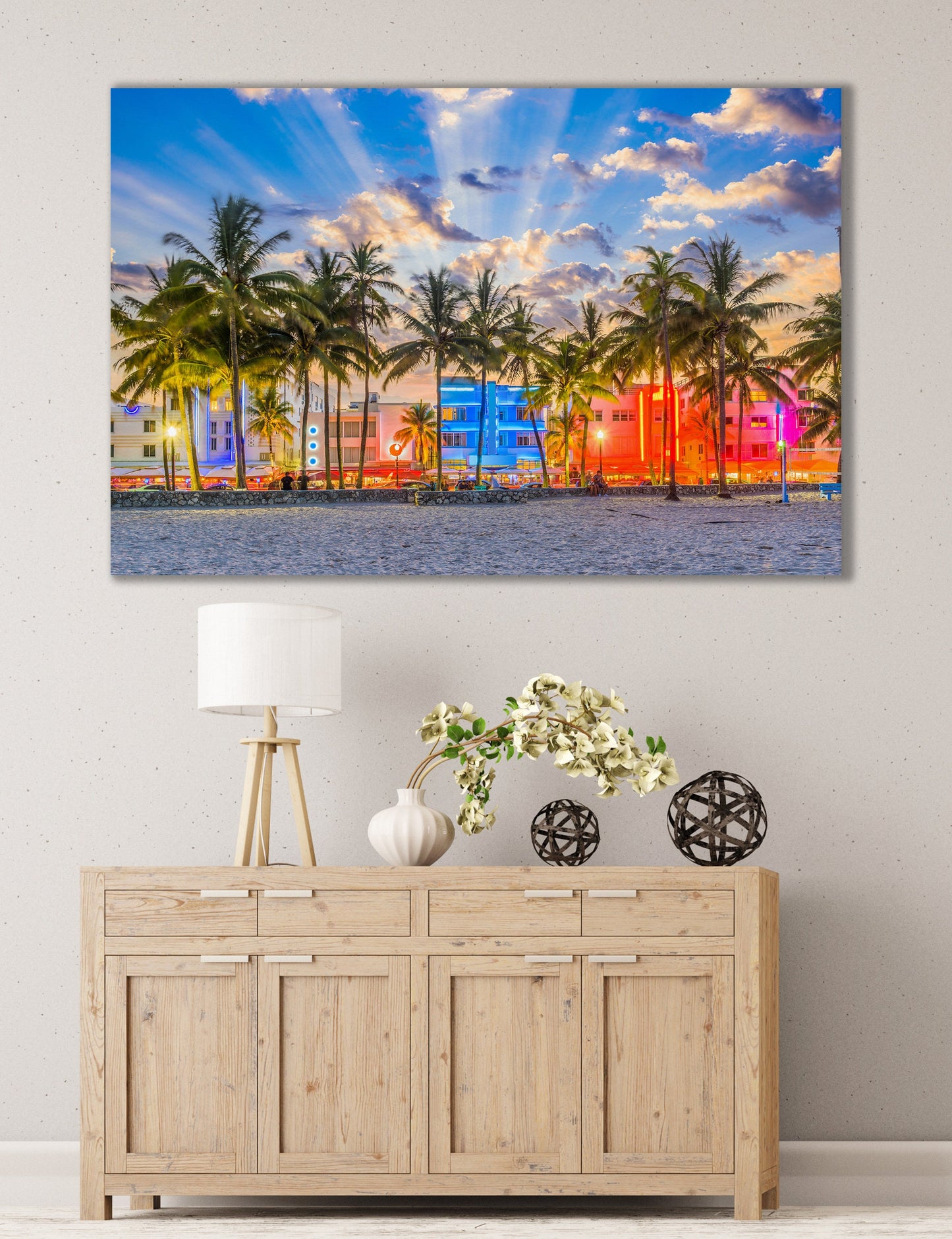 South Beach Miami Sunset in Ocean Drive Canvas Eco Leather Print Made in Italy