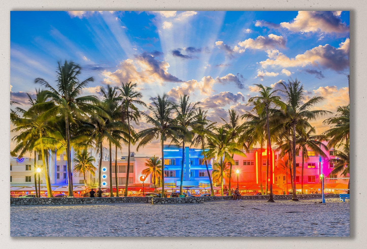 South Beach Miami Sunset in Ocean Drive Canvas Eco Leather Print Made in Italy
