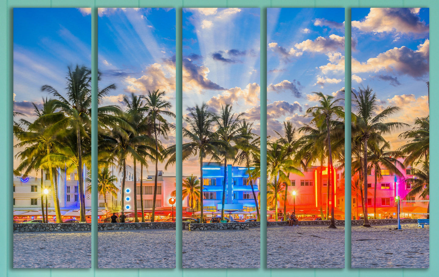 South Beach Miami Sunset in Ocean Drive Canvas Eco Leather Print Made in Italy