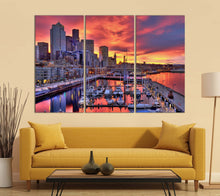 Charger l&#39;image dans la galerie, Seattle Skyline at Dawn Leather Print/Seattle Canvas Print/Large Wall Art/Large Wall Decor/Triptych/Made in Italy/Better than Canvas