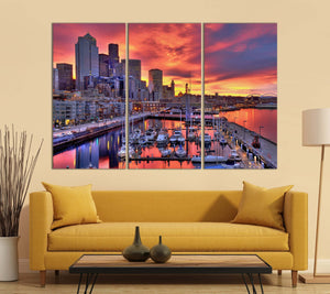 Seattle Skyline at Dawn Leather Print/Seattle Canvas Print/Large Wall Art/Large Wall Decor/Triptych/Made in Italy/Better than Canvas