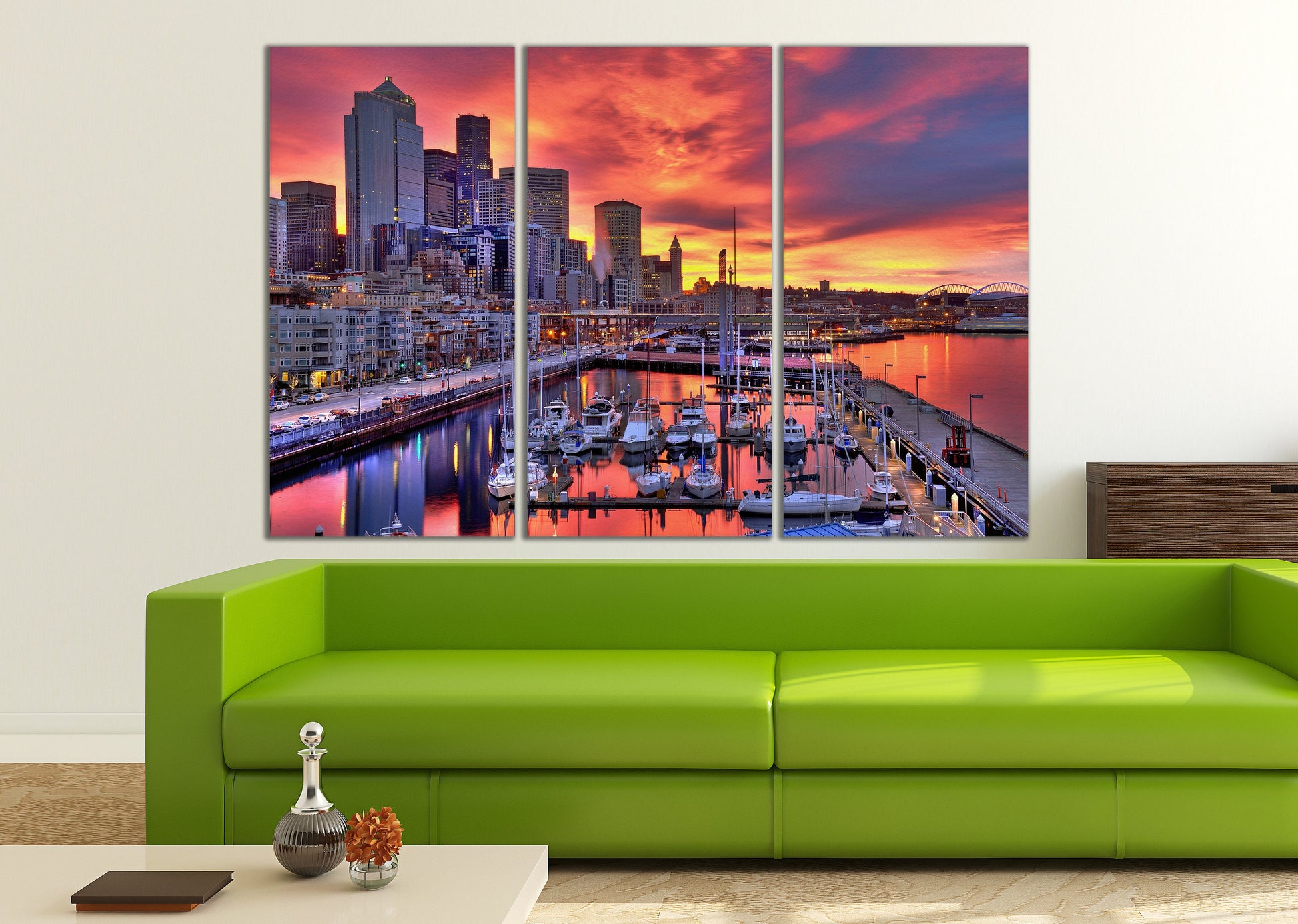 Seattle Skyline at Dawn Canvas Eco Leather Print, Made in Italy!