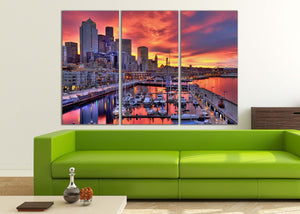 Seattle Skyline at Dawn Leather Print/Seattle Canvas Print/Large Wall Art/Large Wall Decor/Triptych/Made in Italy/Better than Canvas