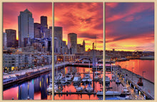 Charger l&#39;image dans la galerie, Seattle Skyline at Dawn Leather Print/Seattle Canvas Print/Large Wall Art/Large Wall Decor/Triptych/Made in Italy/Better than Canvas