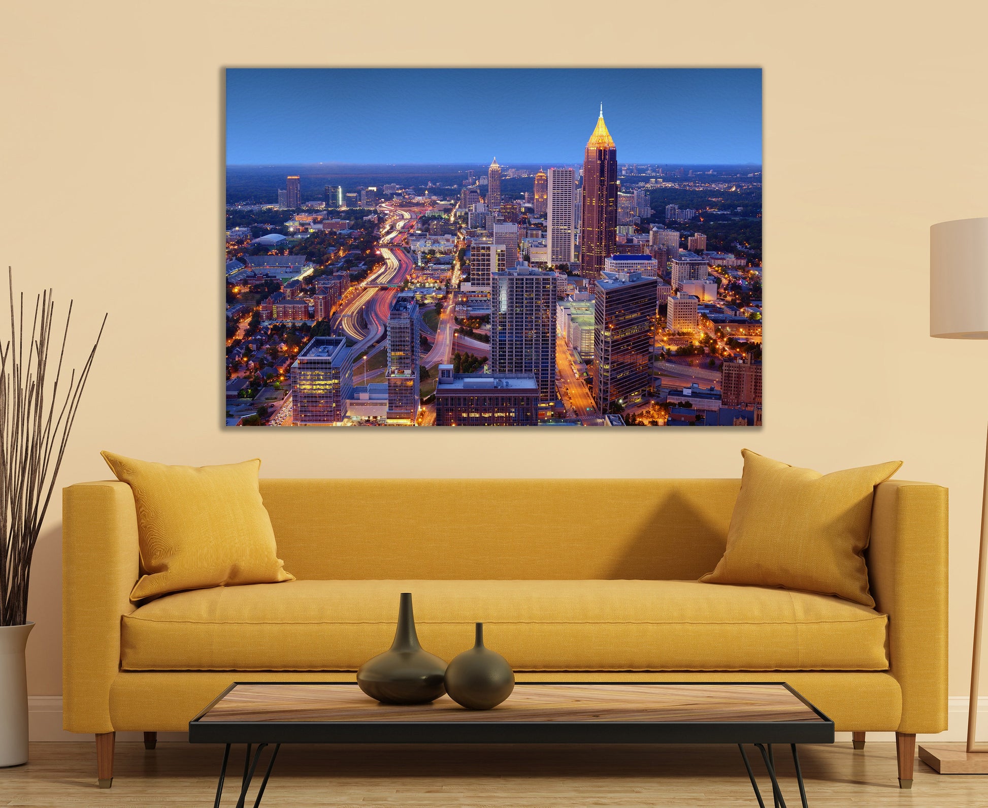 Atlanta Skyline Framed Canvas Leather Print, Made in Italy!
