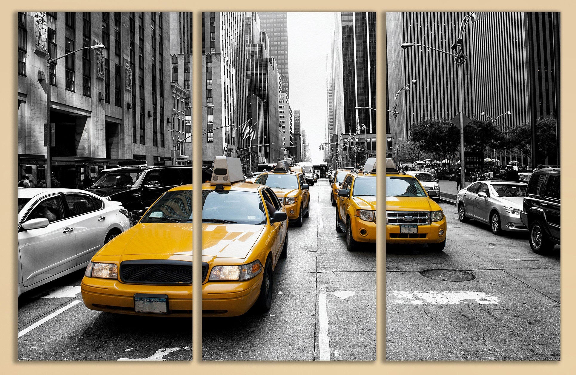 New York Yellow Cab Framed Canvas Leather Print