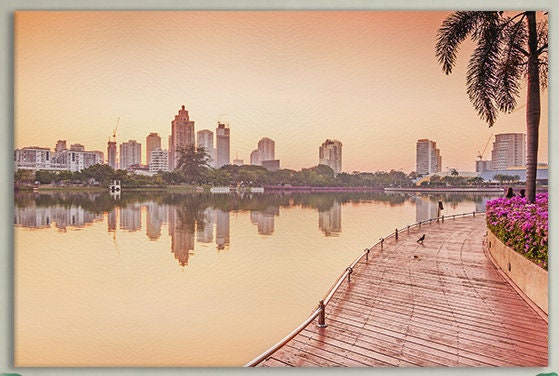 Bangkok Building at sunrise, Benjakiti Park ,Thailand Framed Canvas Leather Print