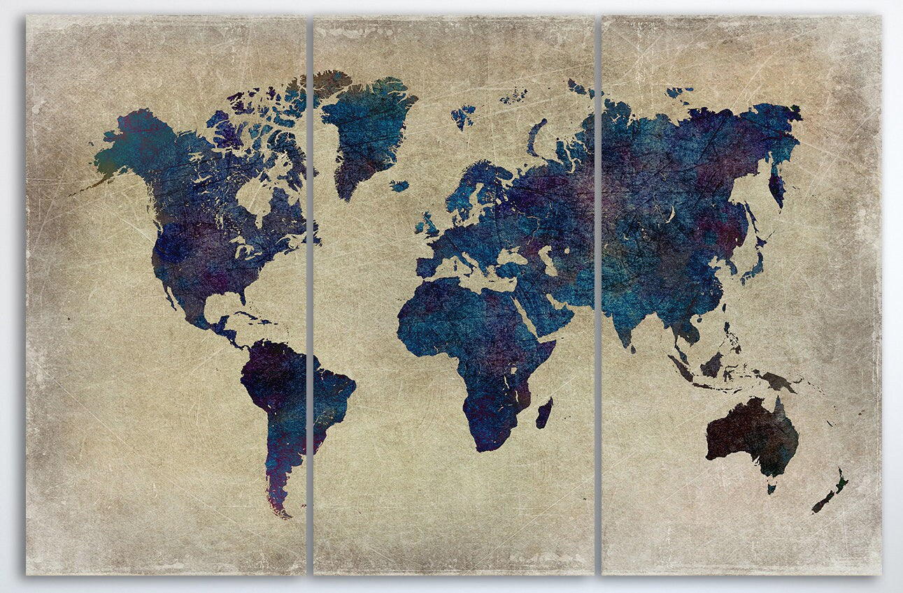 Blue World Map Grunge Background Framed Canvas Leather Print