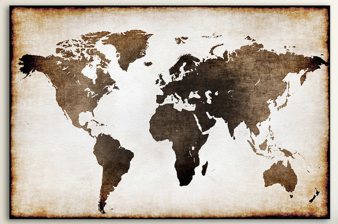 Burnt Old World Map Illustration Framed Canvas Leather Print