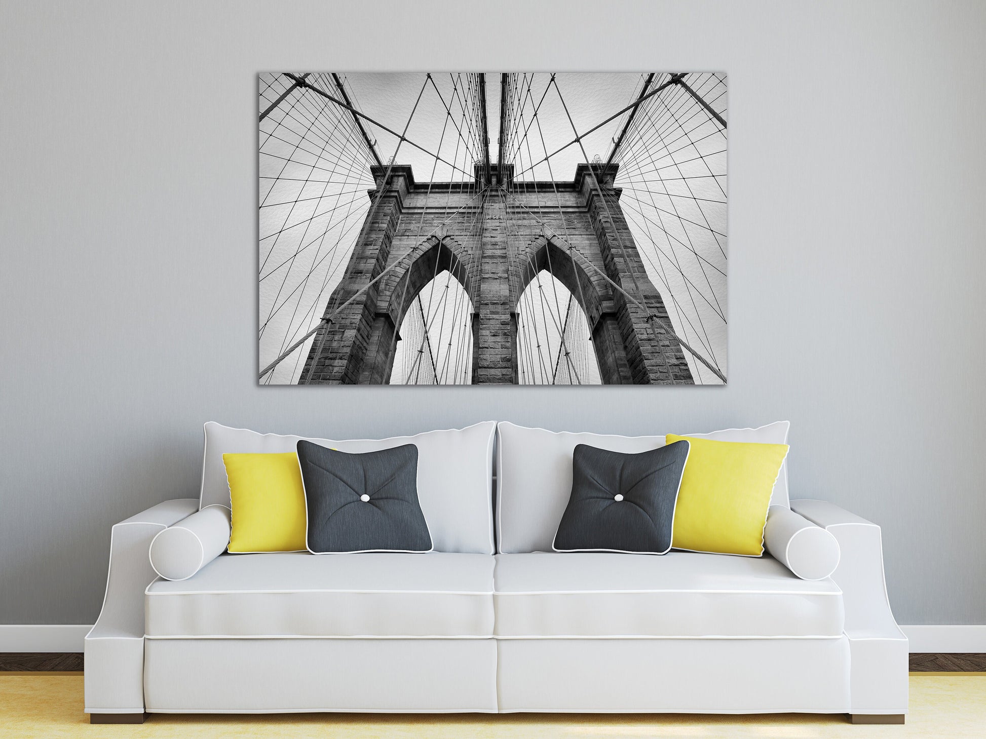 Brooklyn Bridge Closeup Black&White Framed Canvas Leather Print