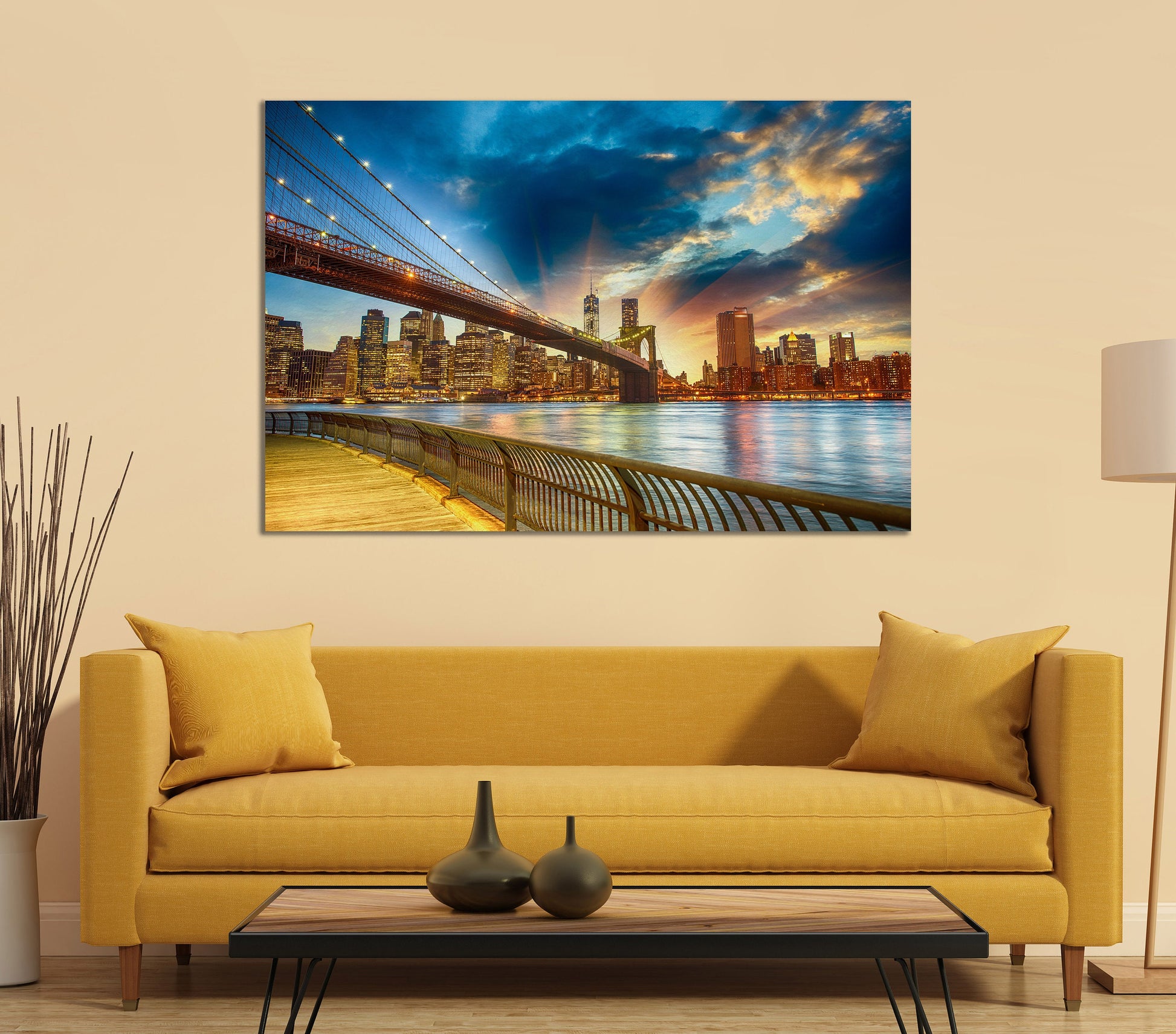 Brooklyn Bridge Framed Canvas Eco Leather Print, Made in Italy!