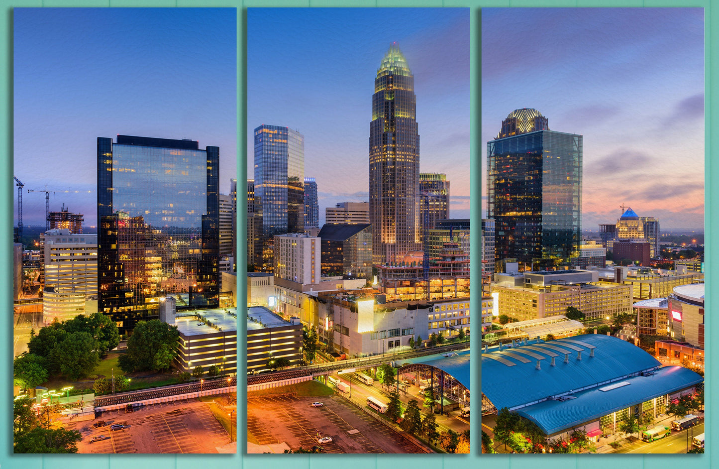 Charlotte, North Carolina, USA at Twilight Framed Canvas Leather Print