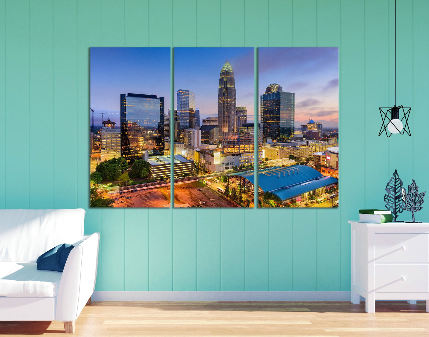Charlotte, North Carolina, USA at Twilight Framed Canvas Leather Print