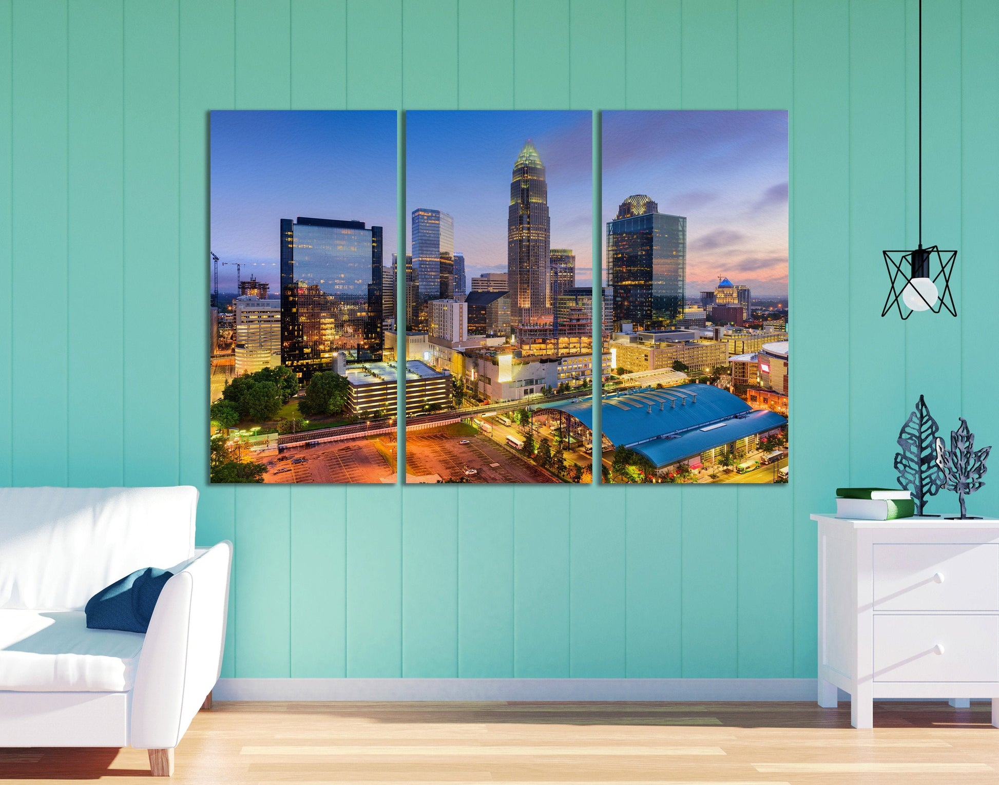 Charlotte, North Carolina, USA at Twilight Framed Canvas Leather Print