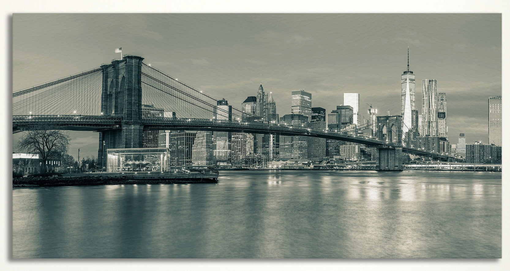Brooklyn Bridge Black and White Framed Canvas Leather Print