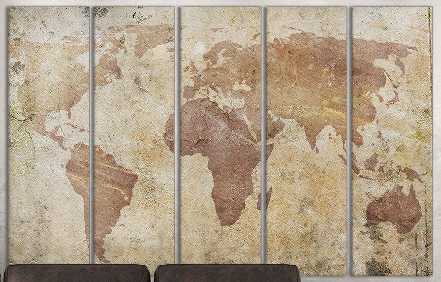 Cracked World Map Framed Canvas Leather Print