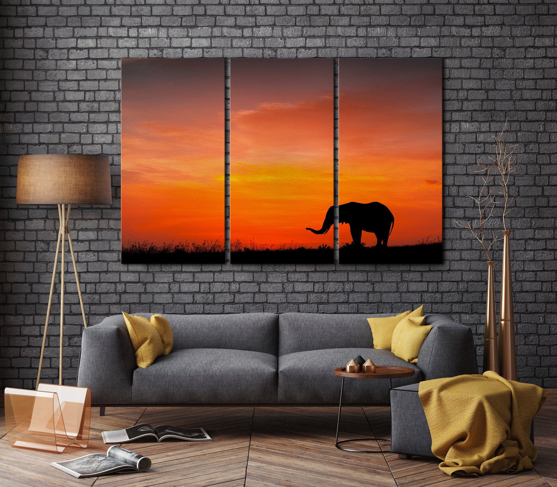 Elephant at Sunset Framed Canvas Leather Print