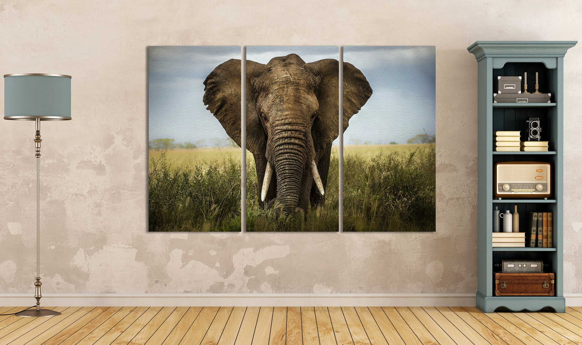African Elephant Framed Canvas Leather Print