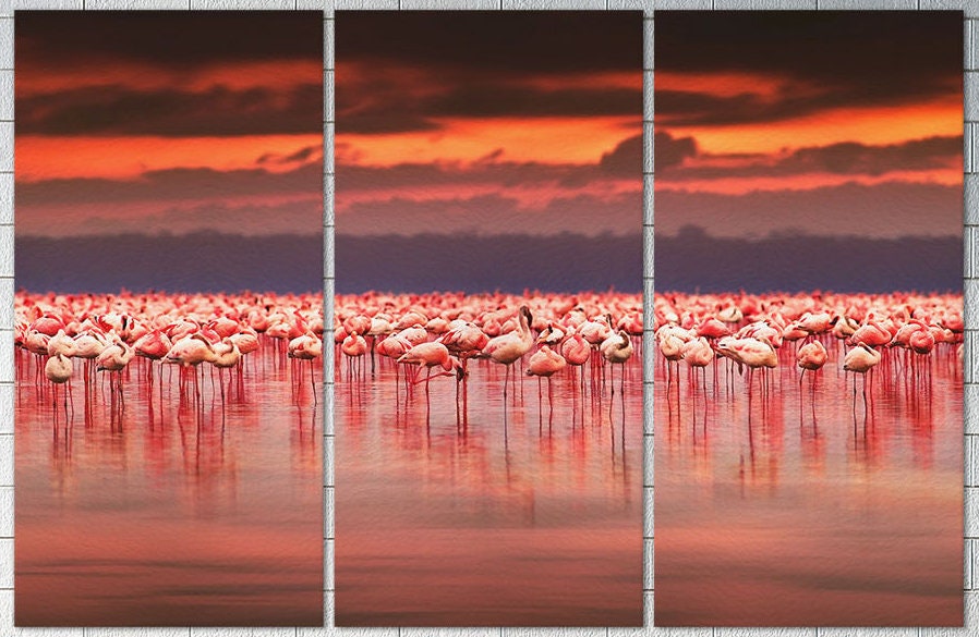 Flamingos at Sunset Framed Canvas Leather Print