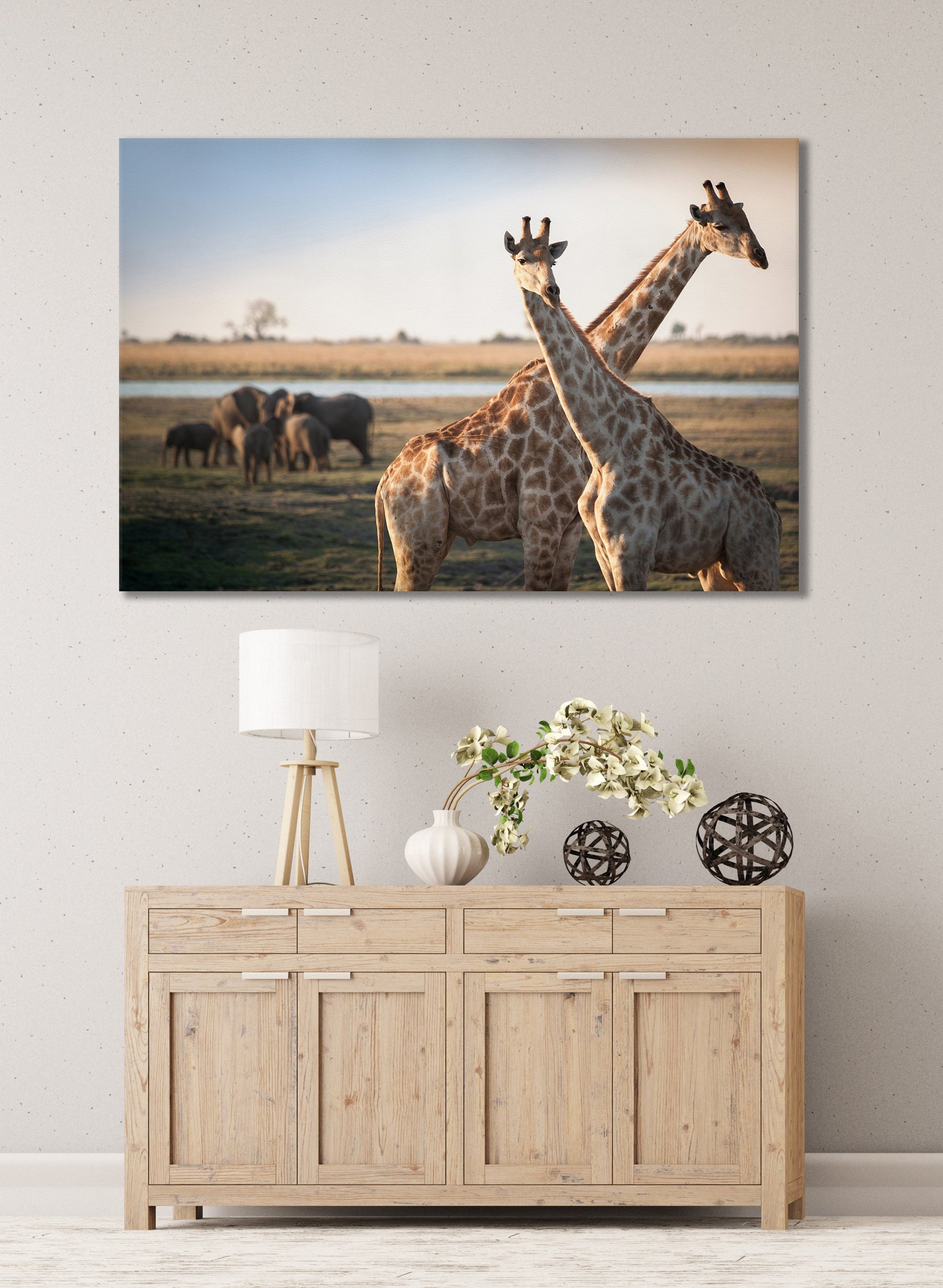 Giraffes Savanna Framed Canvas Leather Print