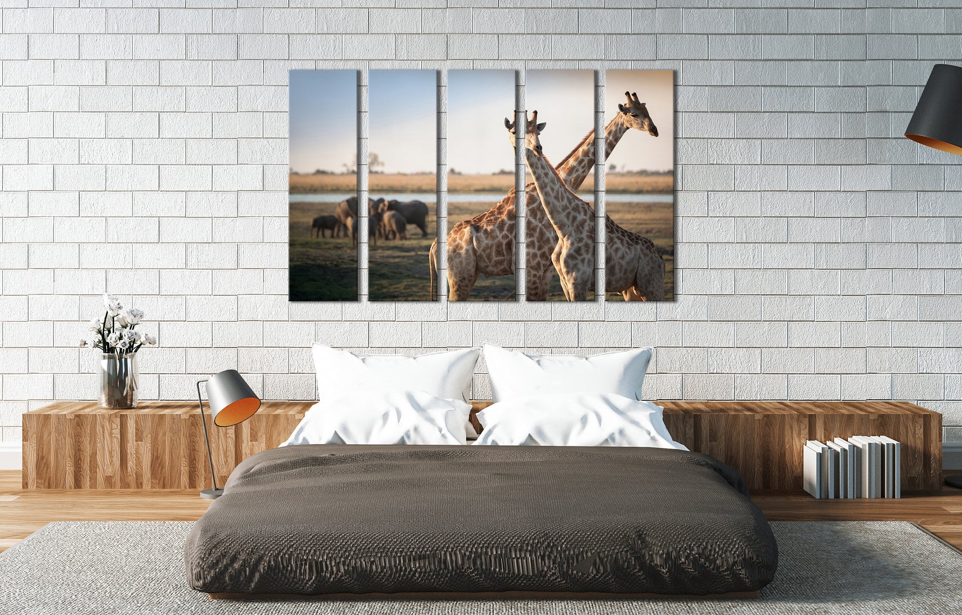 Giraffes Savanna Framed Canvas Leather Print