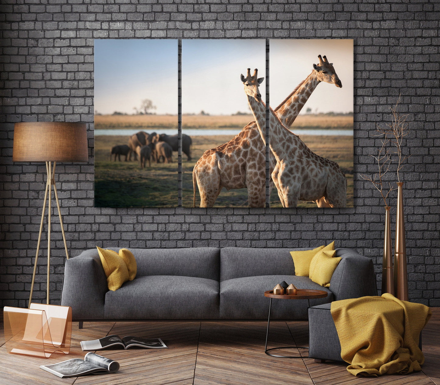 Giraffes Savanna Framed Canvas Leather Print