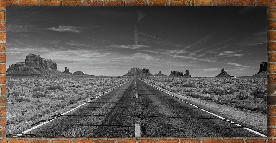 Monument Valley Road B&W Framed Canvas Leather Print