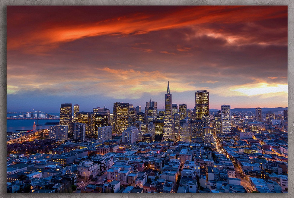 San Francisco Downtown View at Sunset Framed Canvas Leather Print