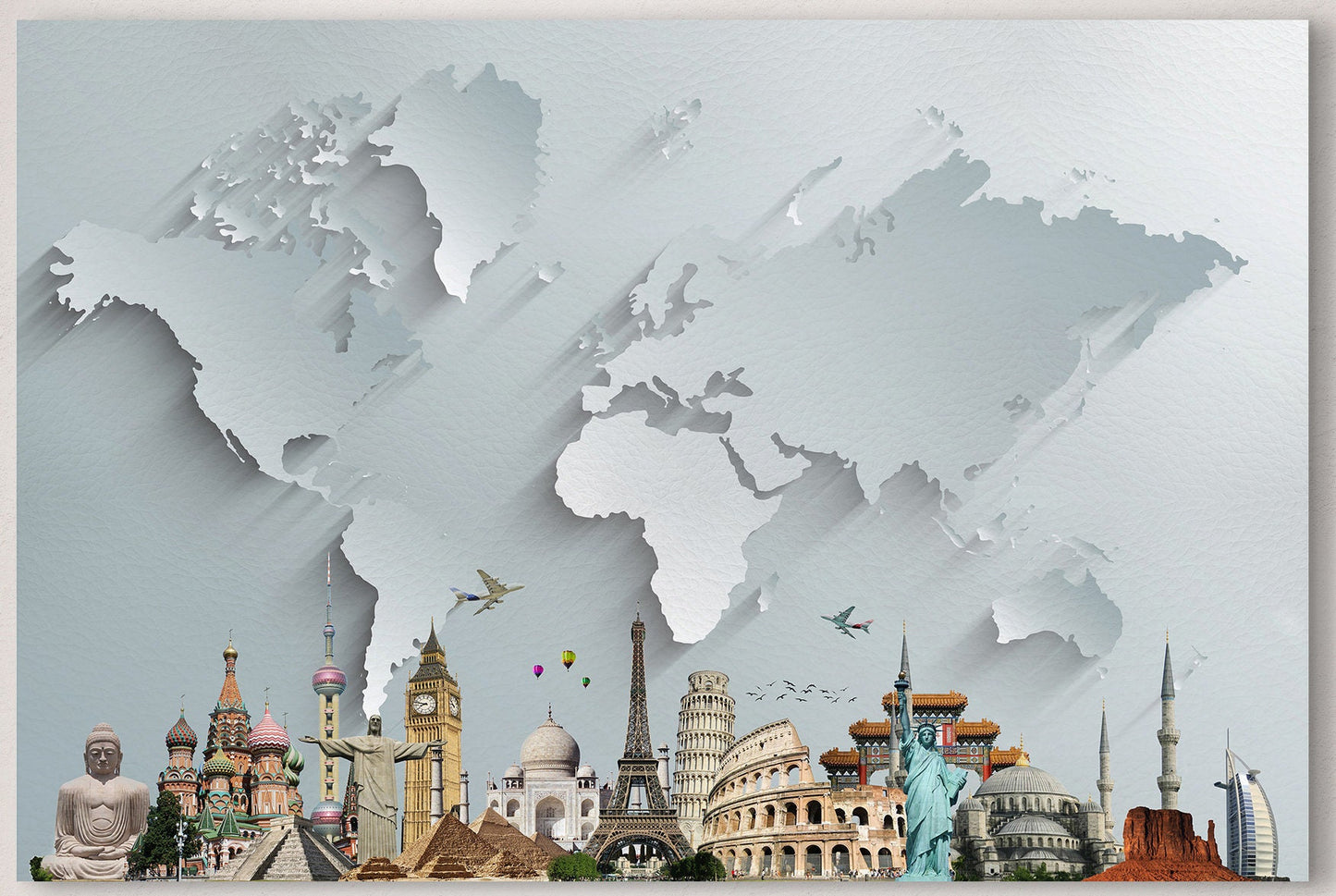 Silver World Map With Monuments Framed Canvas Leather Print