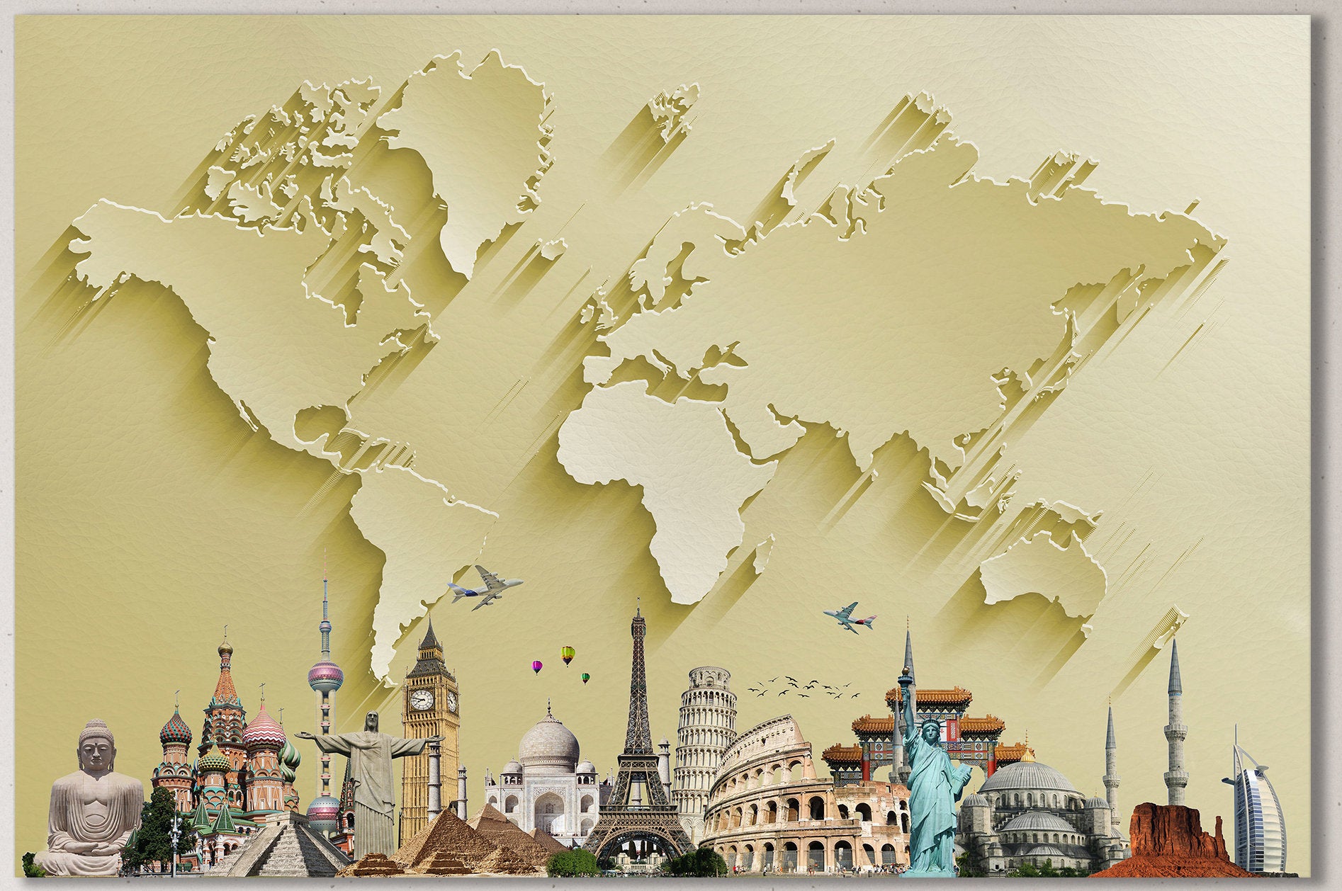 Gold World Map With Monuments Framed Canvas Leather Print