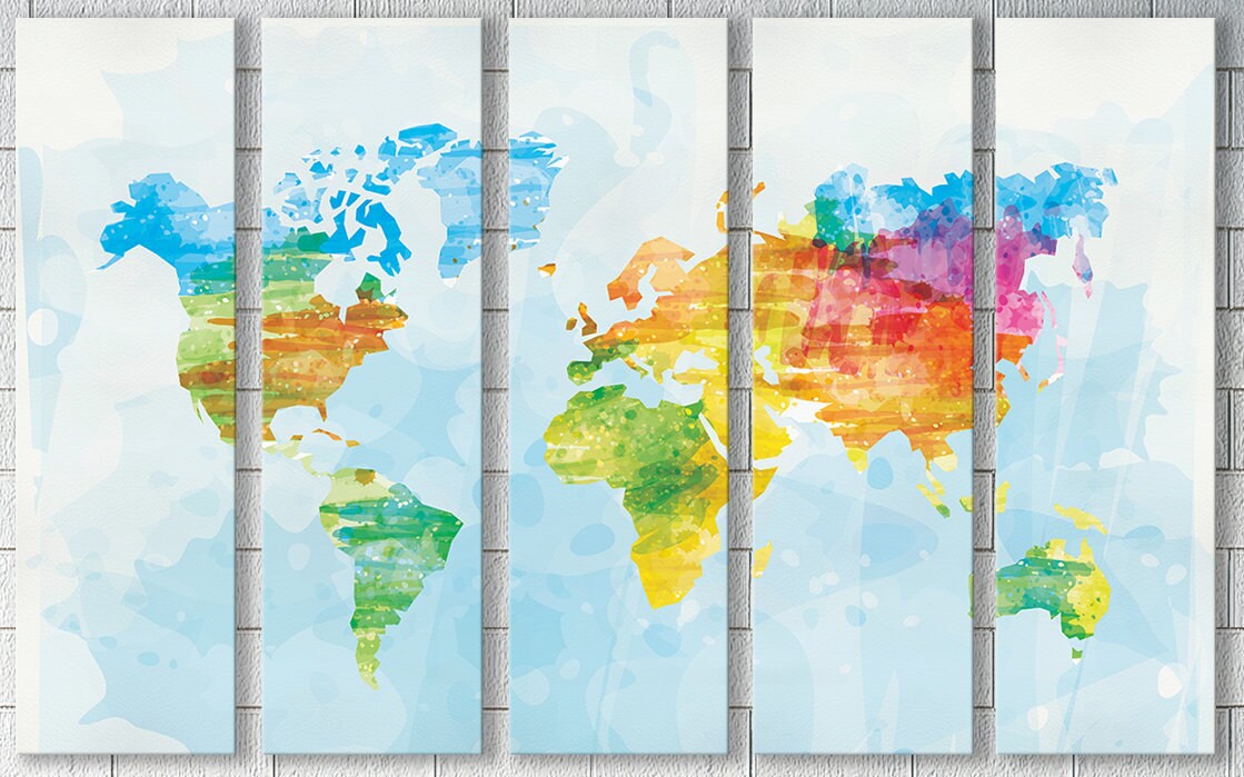 Color Sketched World Map Framed Canvas Leather Print