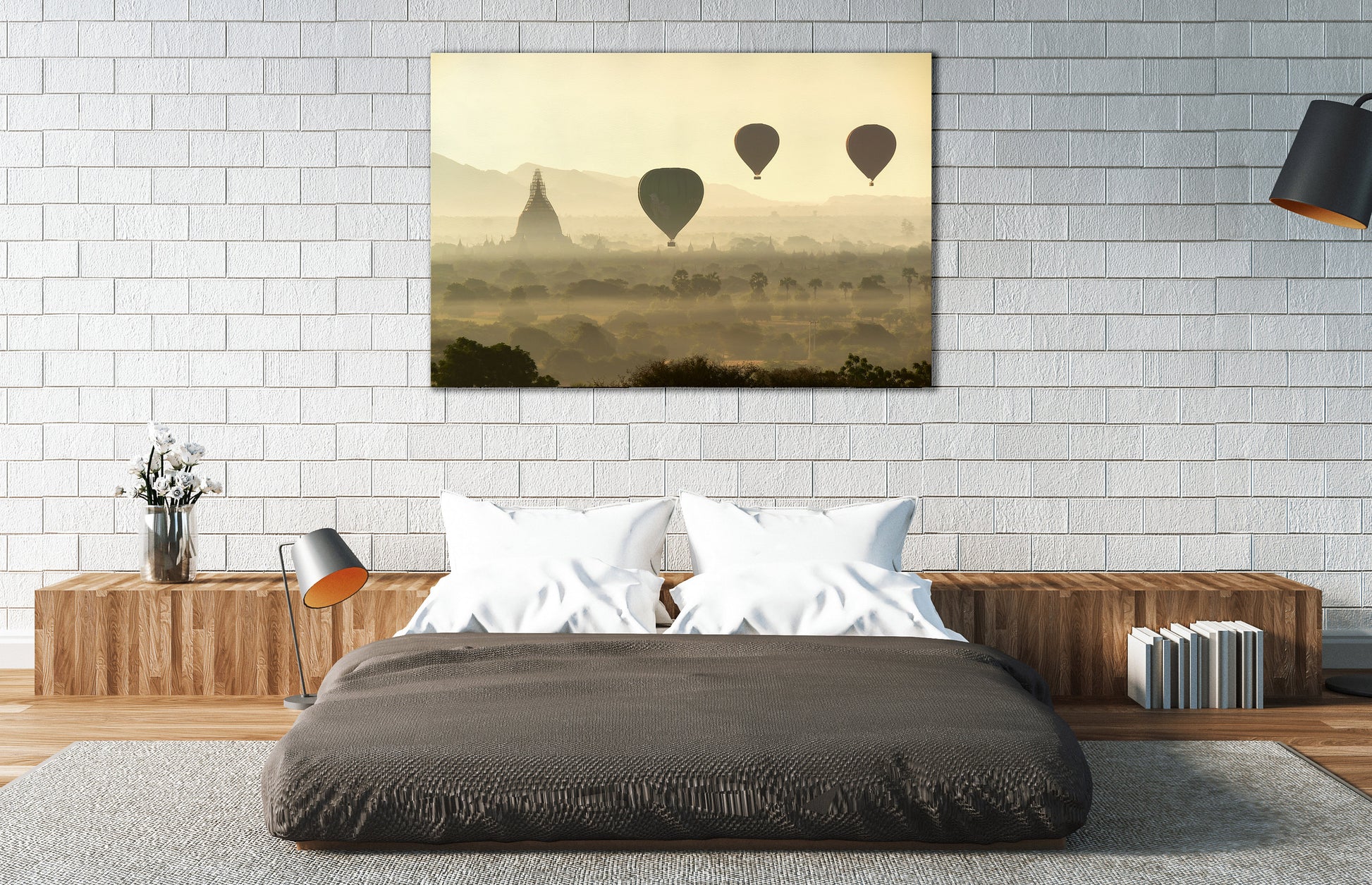 Balloons over Bagan Framed Canvas Leather Print