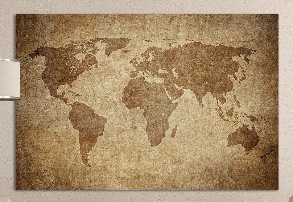 Large Brown Grunge World Map Framed Canvas Leather Print