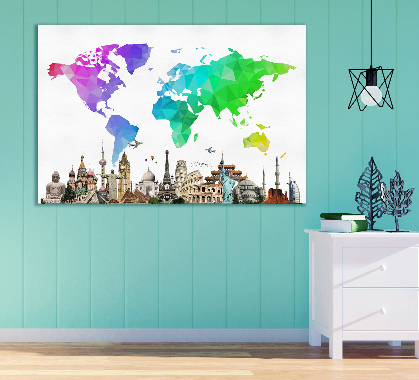 Large World Map With Monuments Framed Canvas Leather Print