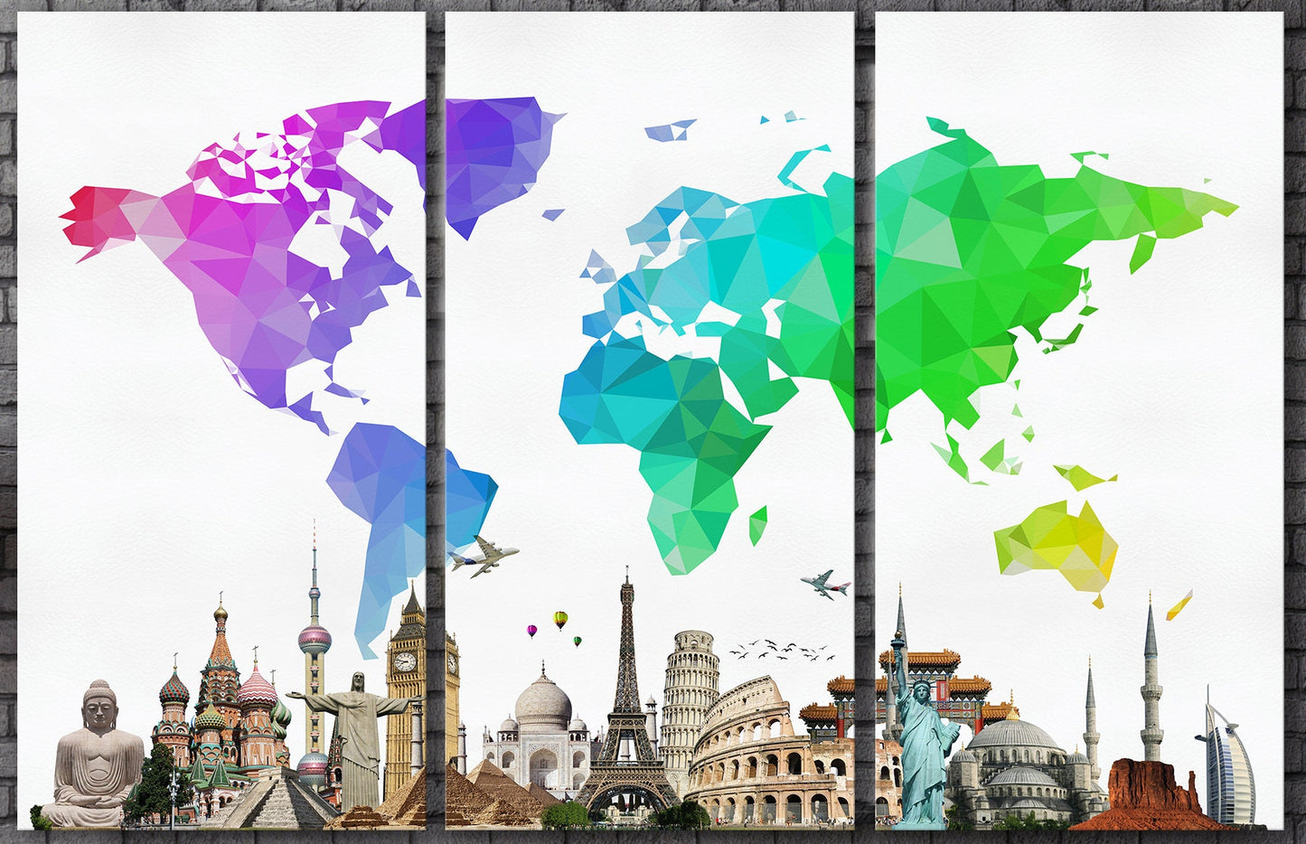 Large World Map With Monuments Framed Canvas Leather Print