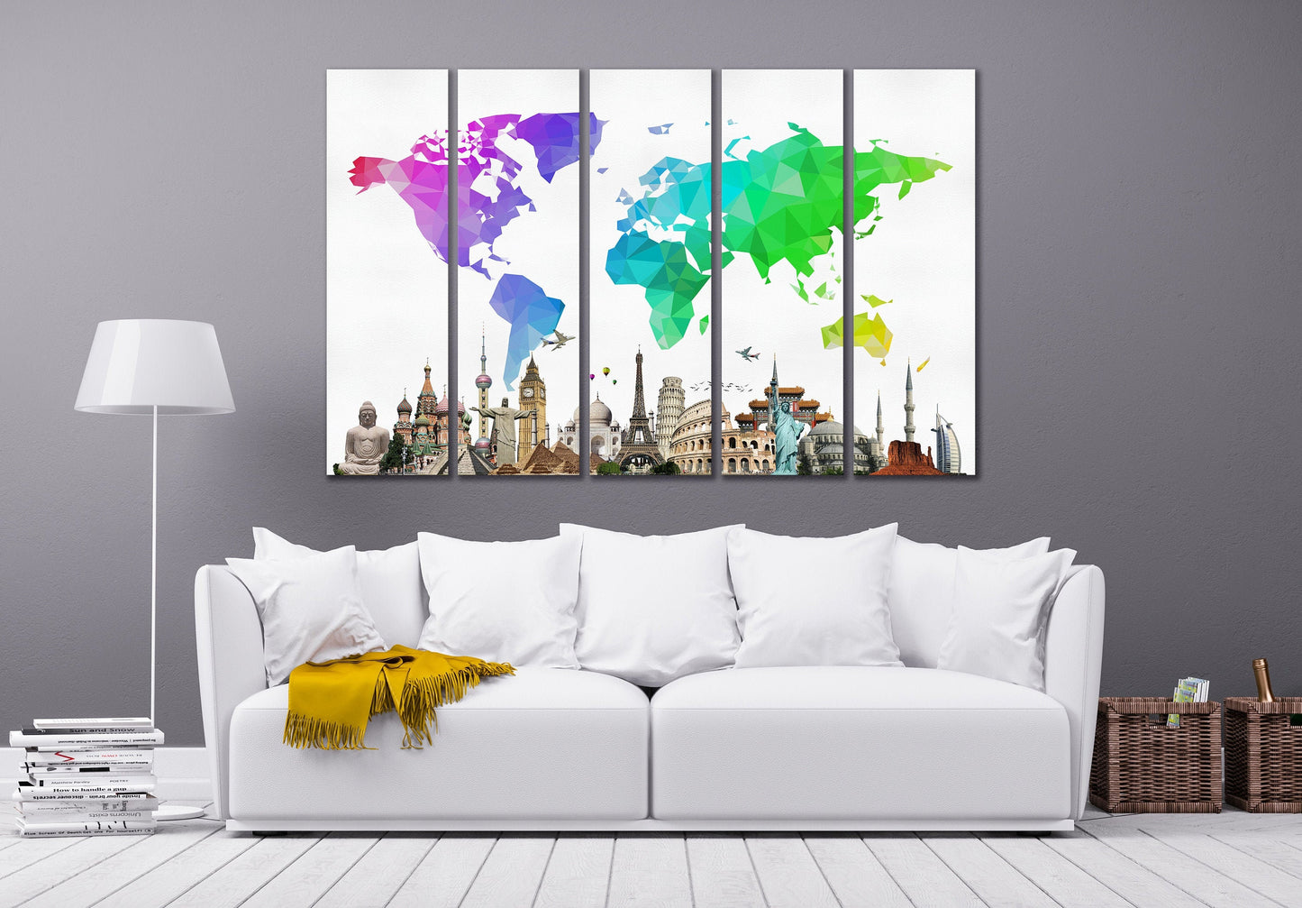 Large World Map With Monuments Framed Canvas Leather Print