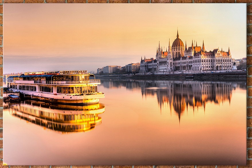 Budapest Parliament at Sunrise Framed Canvas Leather Print