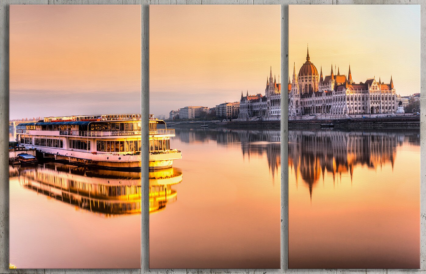 Budapest Parliament at Sunrise Framed Canvas Leather Print