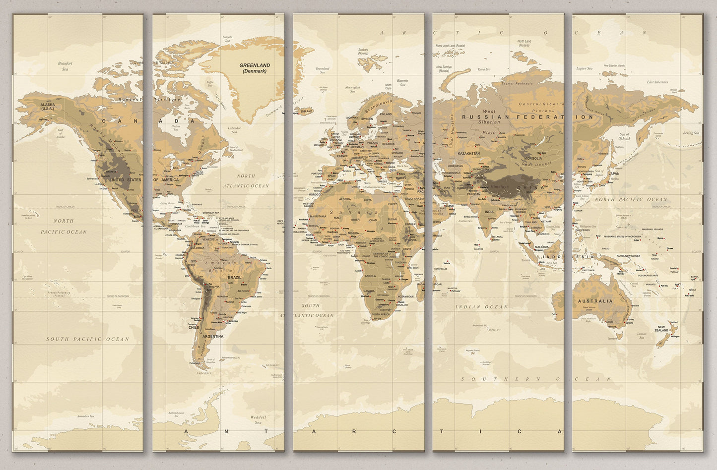 Push Pin Vintage Phisical Map Of The World Framed Canvas Leather Print