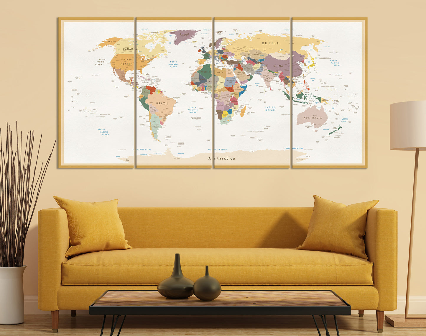 Push Pin Detailed World Map Vintage + Custom Quote Framed Canvas Leather Print