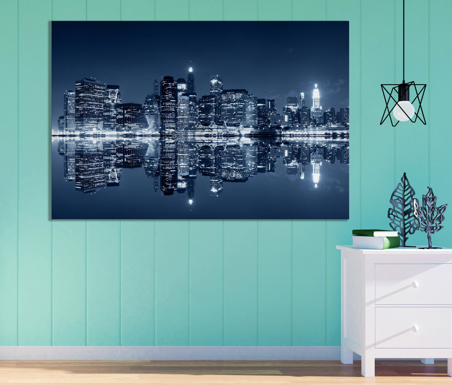 Manhattan at night, New York City Framed Canvas Print