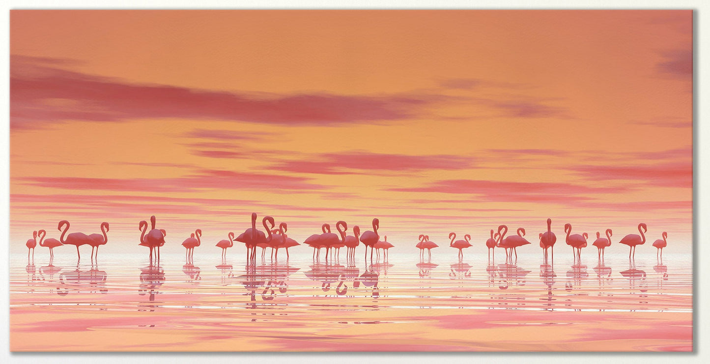 Pink Flamingos on Lake Framed Canvas Print