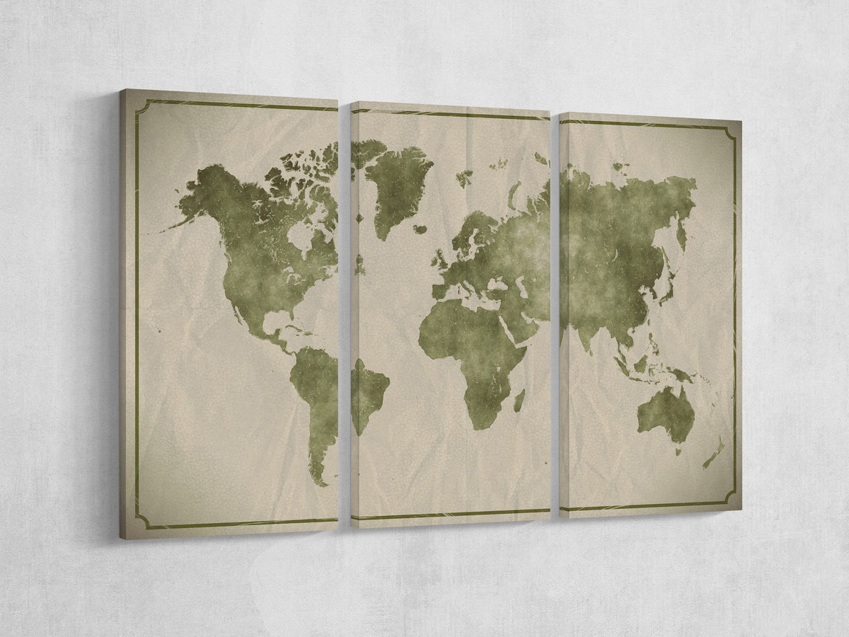 Watercolor on crumpled paper background world map framed canvas print