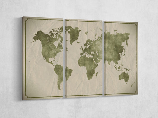 Watercolor on crumpled paper background world map framed canvas print